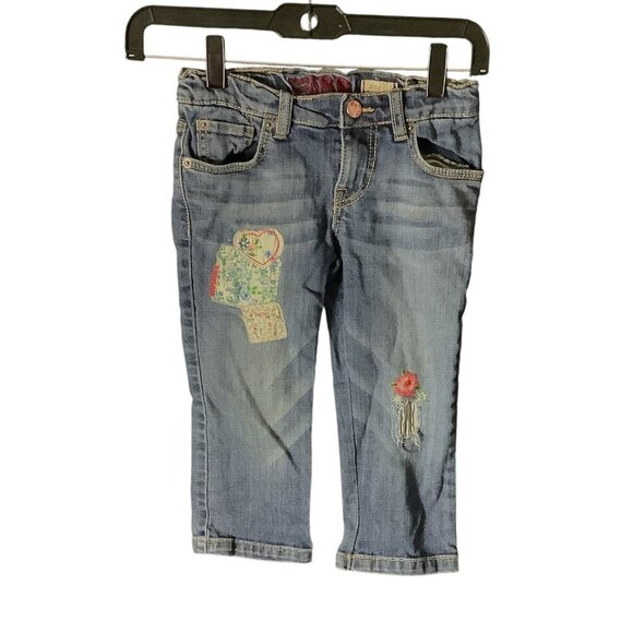 The Childrens Place 1989 Girls 6X Adjustable Waist Patched Capri Denim Jeans Blu - Picture 8 of 14